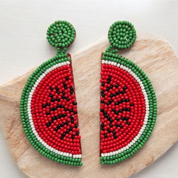 Watermelon Large Seed Beaded Dangle Earrings Tropical Fruit Jewelry Pierced Ears - Picture 1 of 3